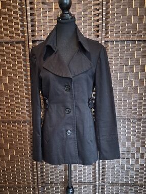 Sandro Black Double-Breasted Trench Coat with Side Button Accents
